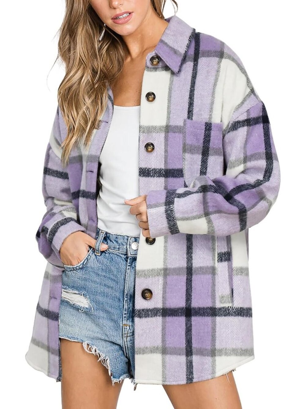 Women's Light Purple Plaid Long Sleeve Bust Pocket Button Down Flannel Shacket